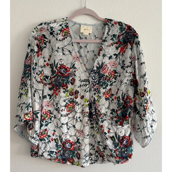 Maeve Multicolored Velvet Detail Umi Floral Wrap Blouse Small - Picture 2 of 11